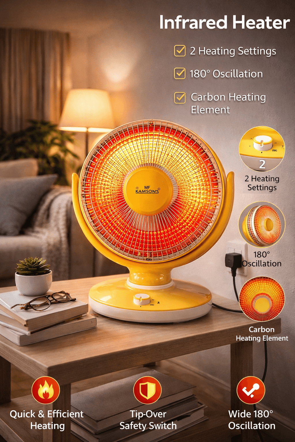 Kamsons 14-Inch Infrared Carbon Sun Heater With 180° Oscillation & Tip-Over Safety Switch (Yellow) thumbnail 4