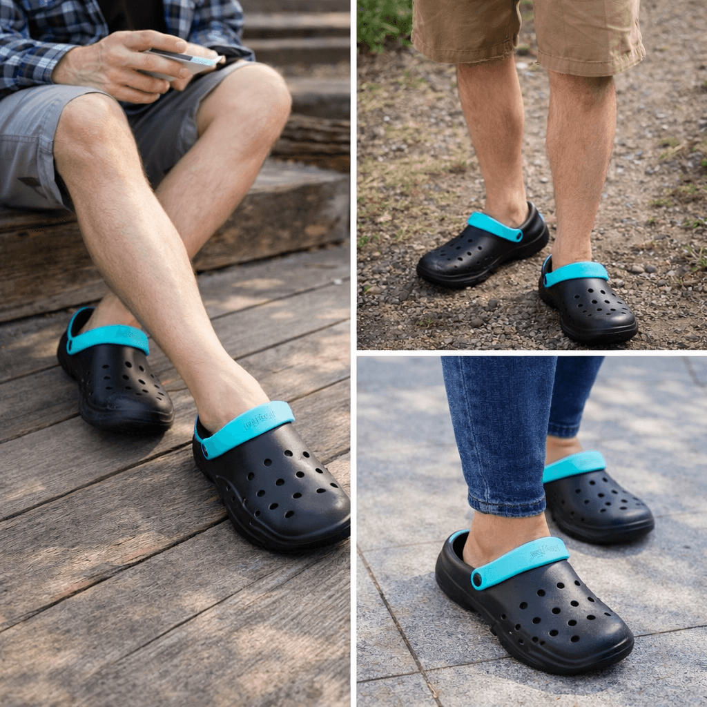 Unisex EVA Clogs With Adjustable Heel Strap – Lightweight Breathable Slip-On Casual Footwear (Black & Aqua Blue) thumbnail 1