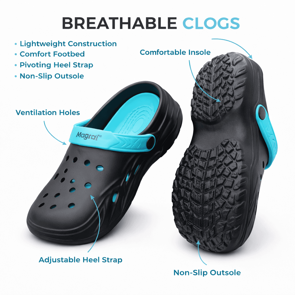 Unisex EVA Clogs With Adjustable Heel Strap – Lightweight Breathable Slip-On Casual Footwear (Black & Aqua Blue) thumbnail 5
