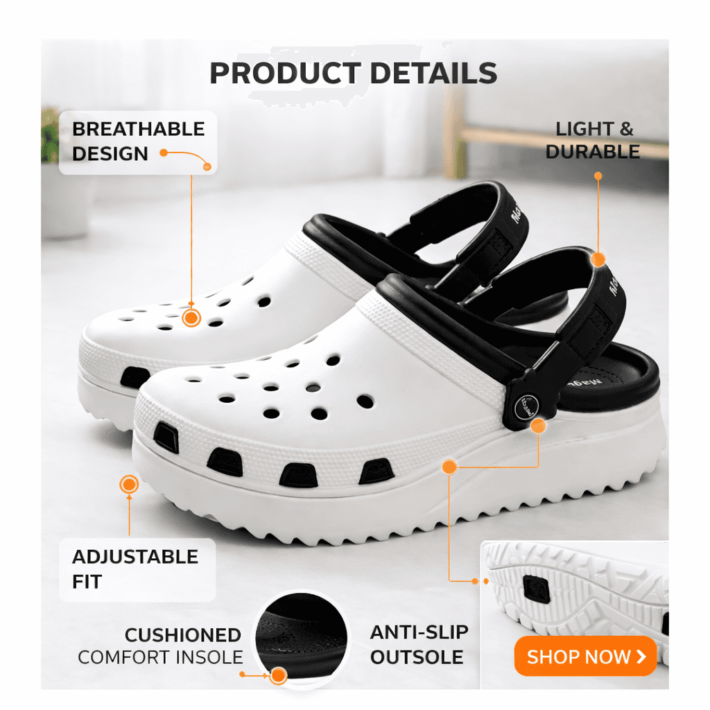Unisex EVA Platform Clogs With Adjustable Heel Strap – Lightweight Breathable Slip-On Comfort Footwear (White & Black) thumbnail 5