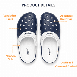 Unisex EVA Clogs With Adjustable Heel Strap – Lightweight Breathable Slip-On Comfort Footwear (Navy Blue & White)