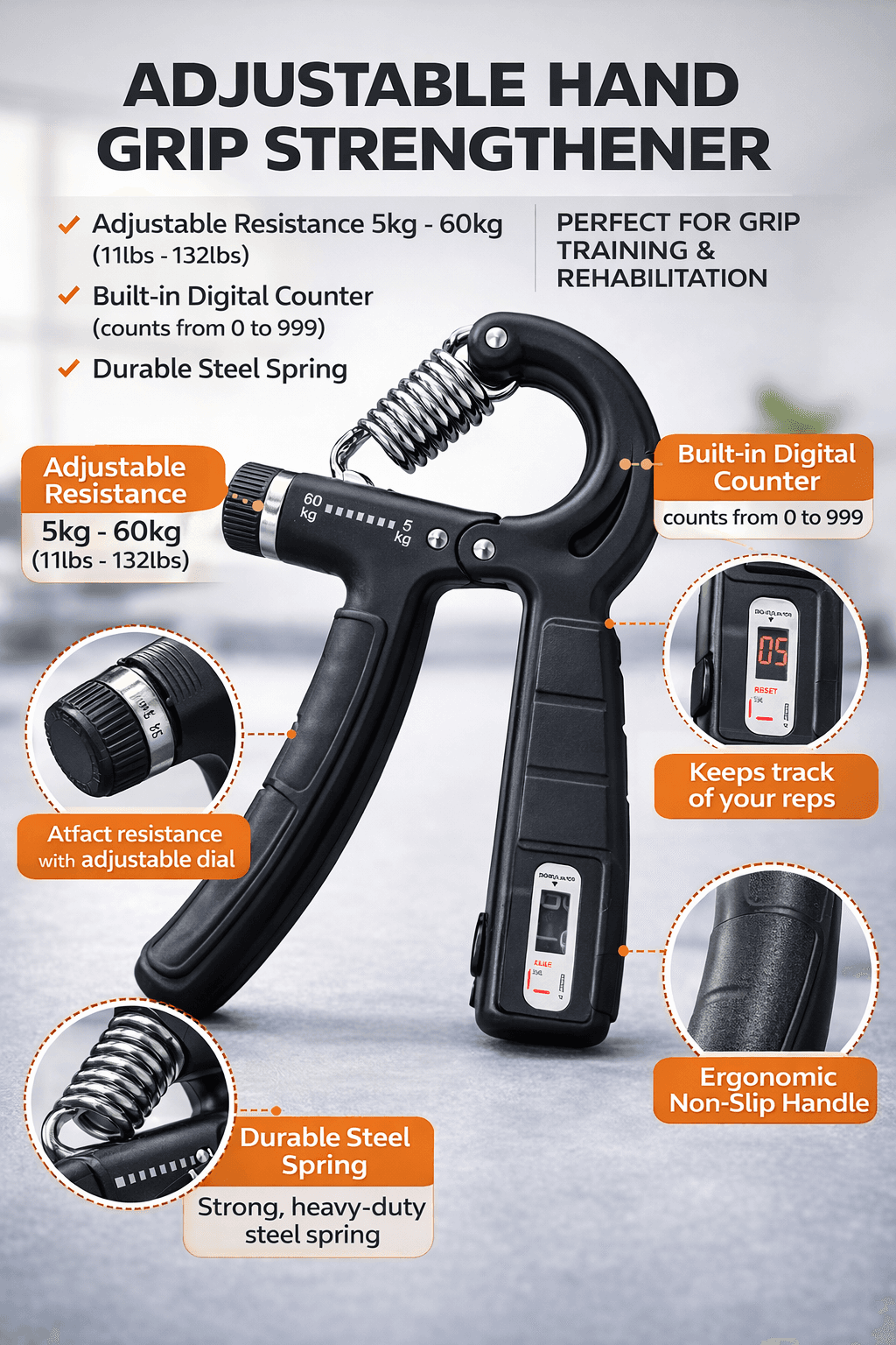 Adjustable Hand Grip Strengthener With Digital Counter (5kg–60kg) – Forearm & Finger Trainer For Fitness & Rehabilitation thumbnail 4