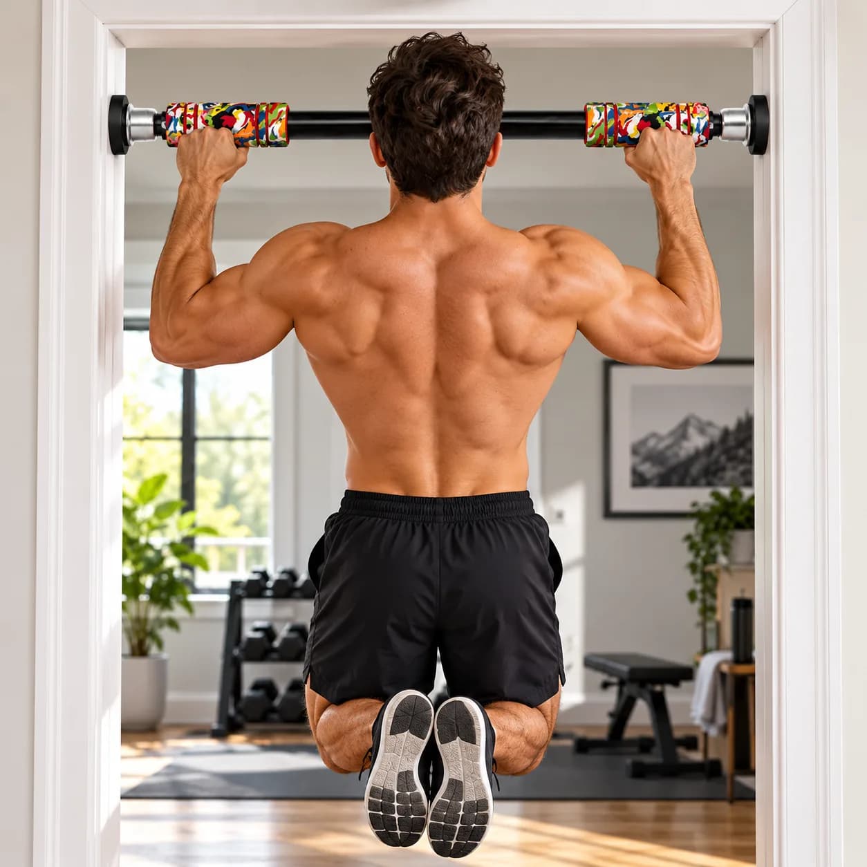 Black Metal Doorway Pull-Up Bar with Multicolour Foam Grip Handles thumbnail 1