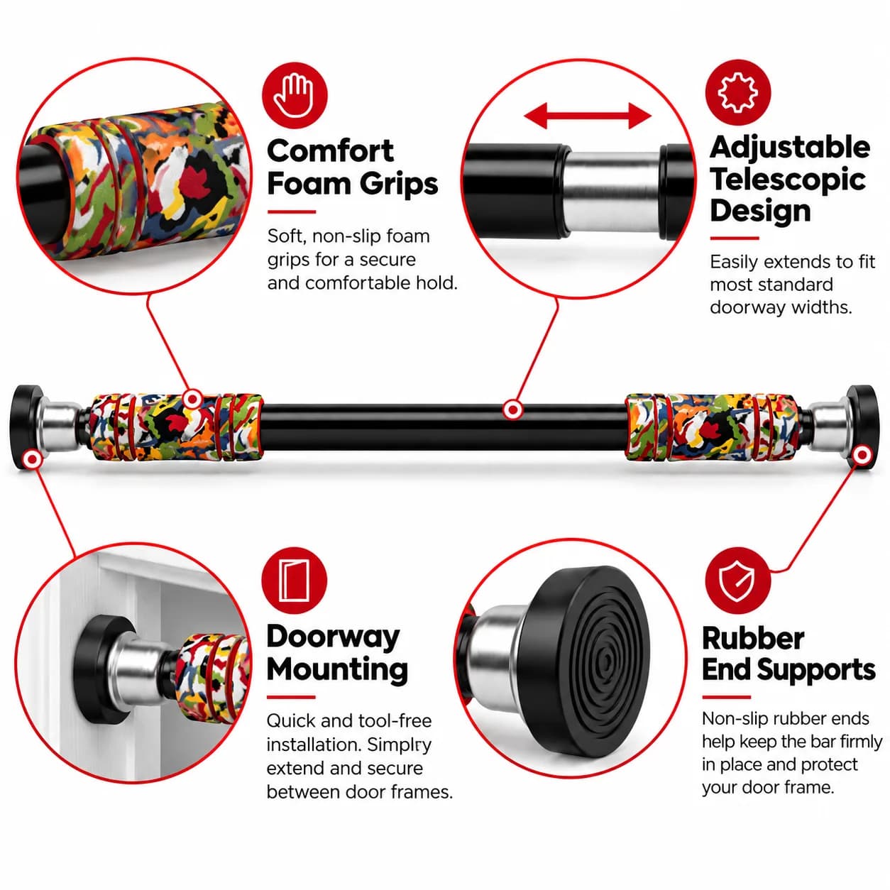 Black Metal Doorway Pull-Up Bar with Multicolour Foam Grip Handles thumbnail 4