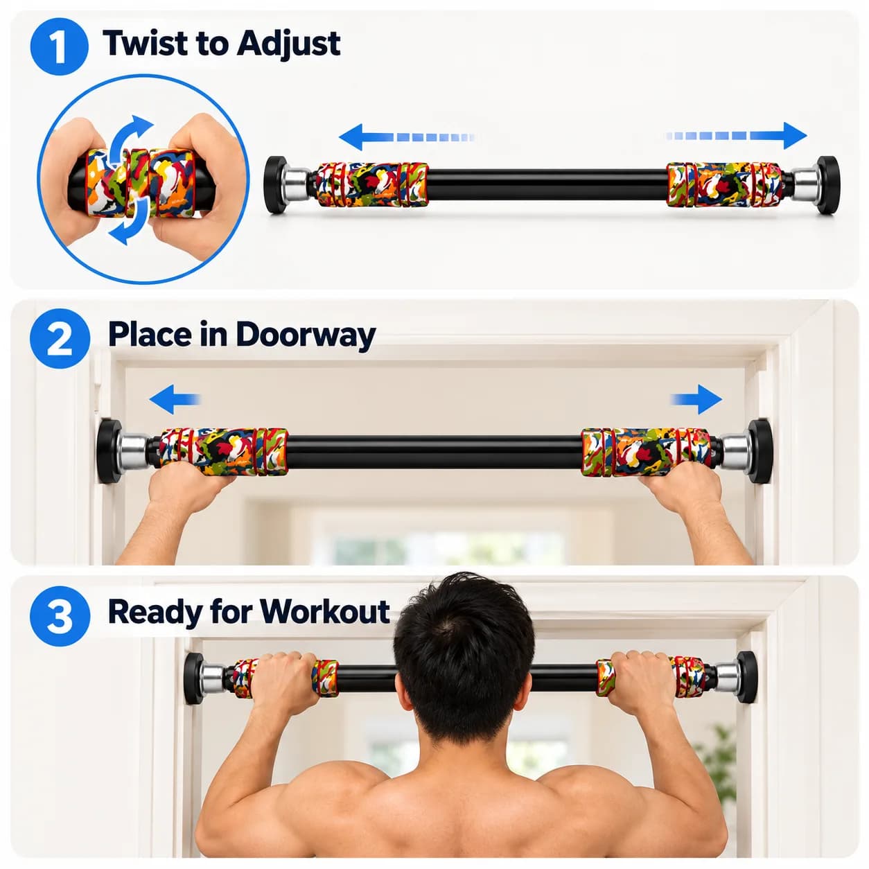 Black Metal Doorway Pull-Up Bar with Multicolour Foam Grip Handles thumbnail 5
