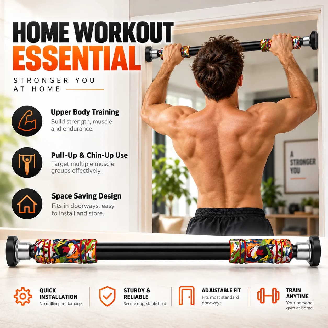 Black Metal Doorway Pull-Up Bar with Multicolour Foam Grip Handles thumbnail 6