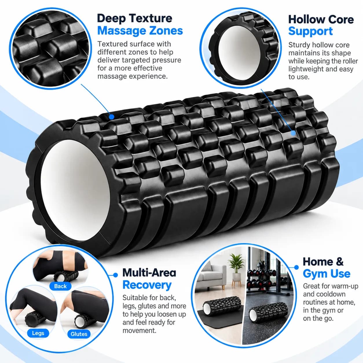 Textured Hollow Foam Roller for Full-Body Self-Massage and Mobility Routines Black & Blue thumbnail 4