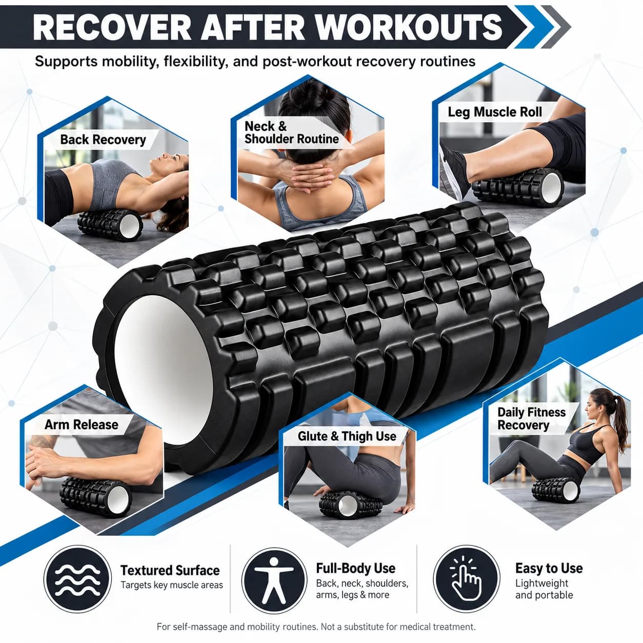 Textured Hollow Foam Roller for Full-Body Self-Massage and Mobility Routines Black & Blue thumbnail 5