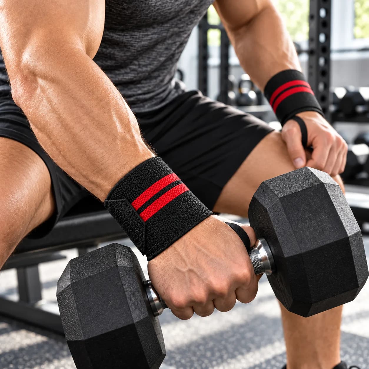 Black and Red Adjustable Elastic Wrist Wraps with Thumb Loops for Gym Training thumbnail 3