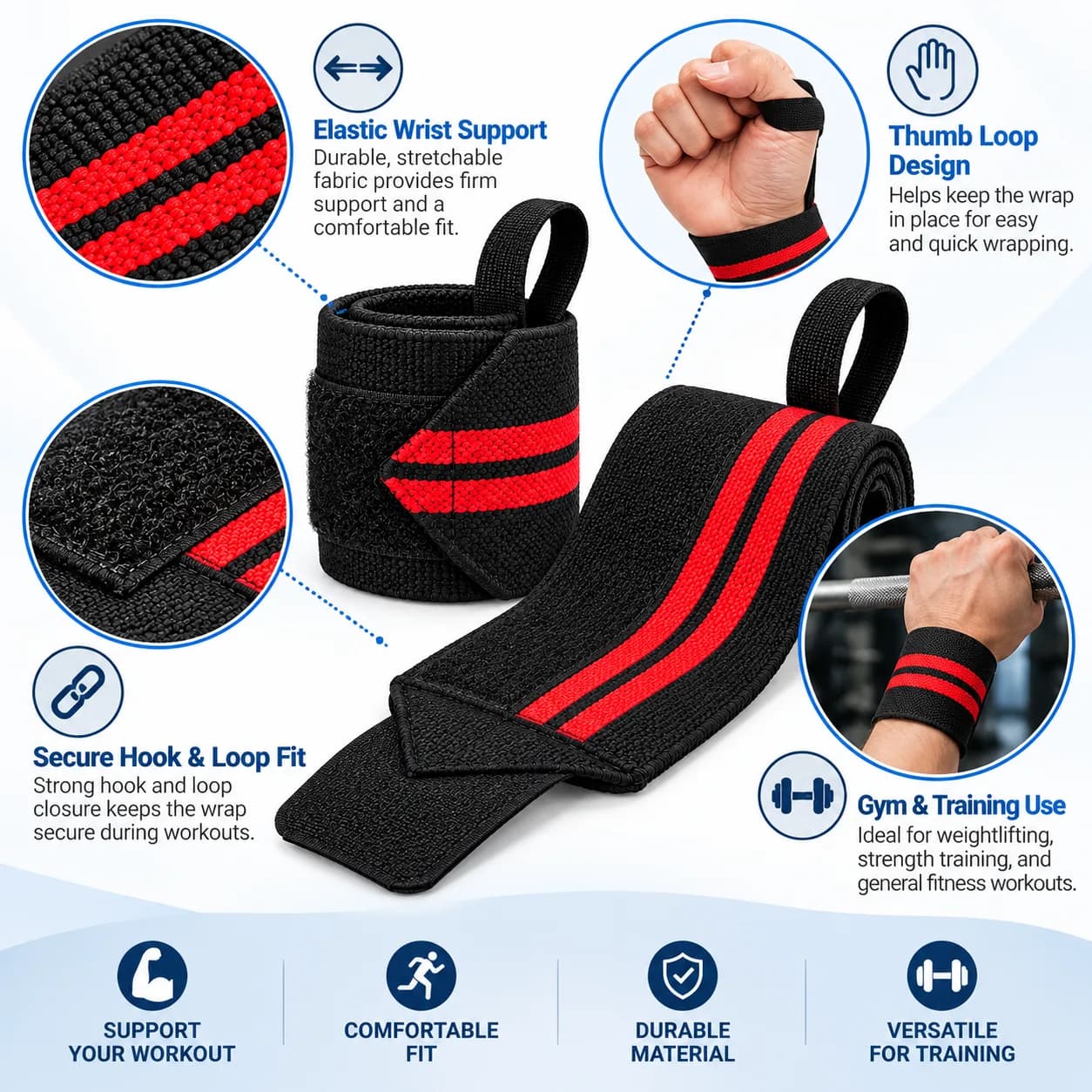 Black and Red Adjustable Elastic Wrist Wraps with Thumb Loops for Gym Training thumbnail 4
