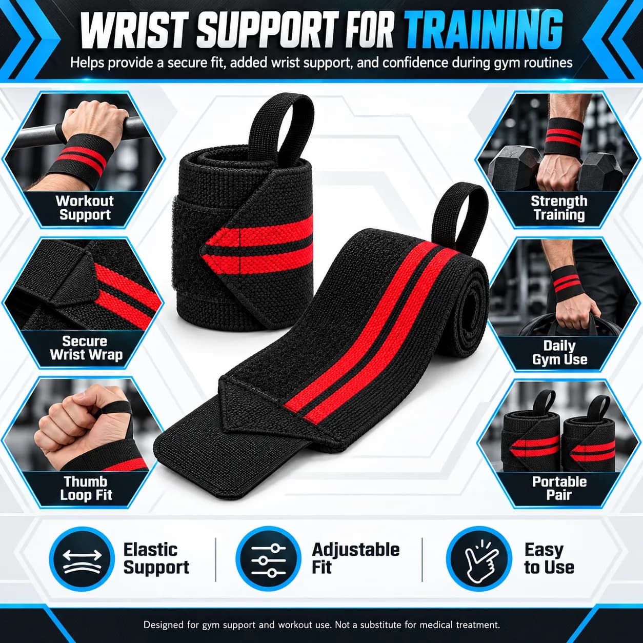 Black and Red Adjustable Elastic Wrist Wraps with Thumb Loops for Gym Training