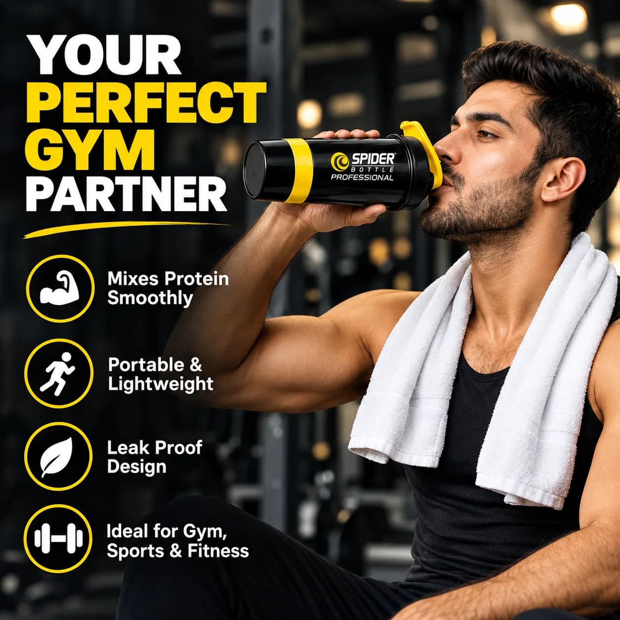Black and Yellow Plastic 500 ml Protein Shaker Bottle with Mixing Ball and Storage Compartments thumbnail 2