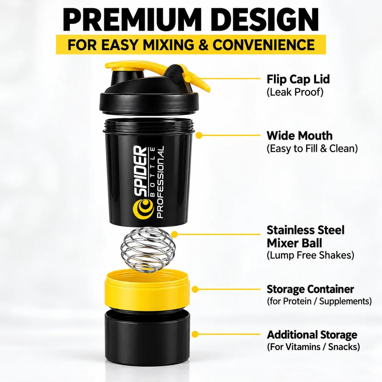 Black and Yellow Plastic 500 ml Protein Shaker Bottle with Mixing Ball and Storage Compartments thumbnail 3