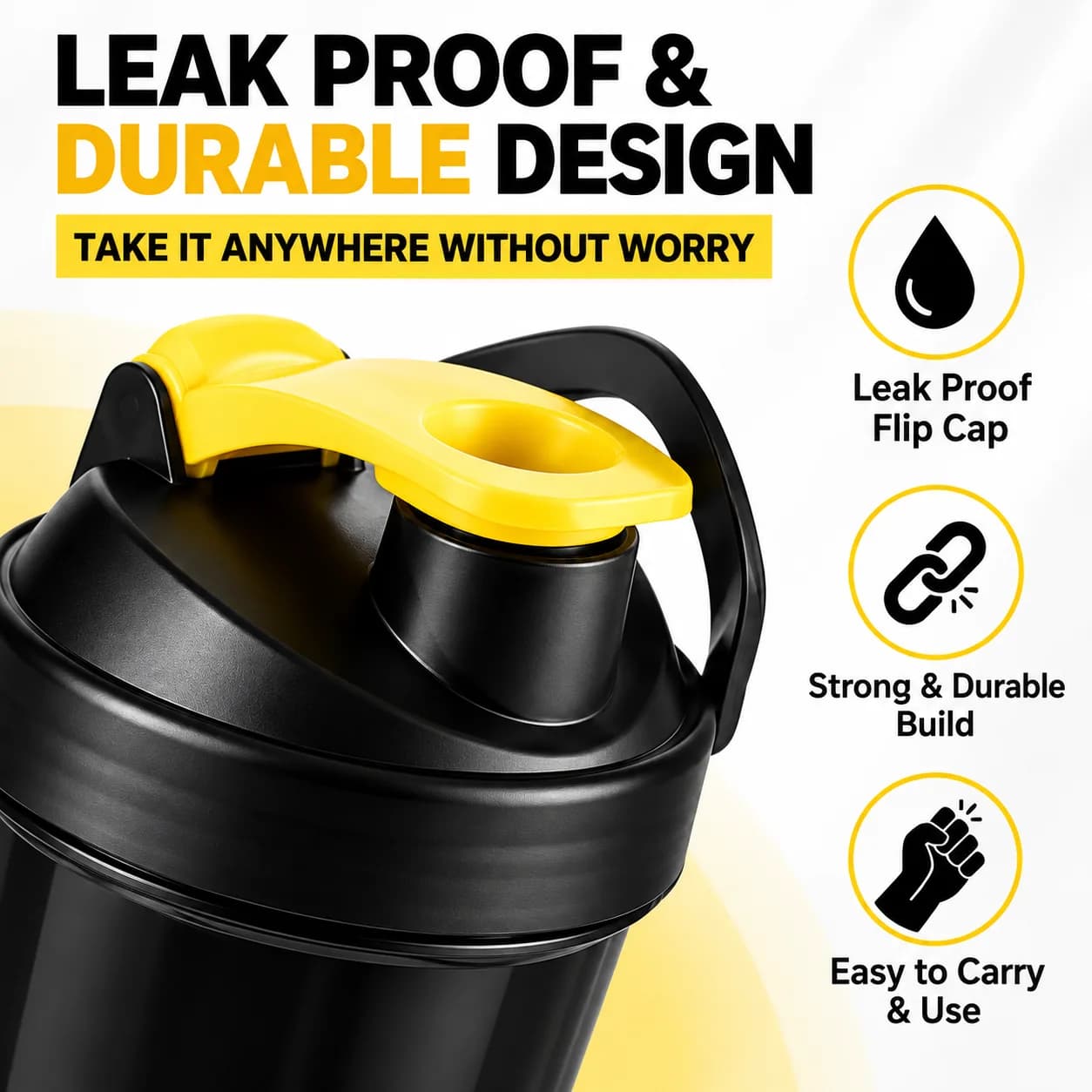 Black and Yellow Plastic 500 ml Protein Shaker Bottle with Mixing Ball and Storage Compartments thumbnail 4
