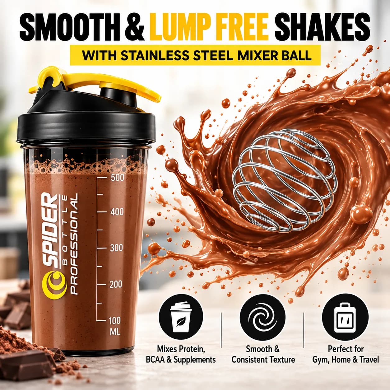 Black and Yellow Plastic 500 ml Protein Shaker Bottle with Mixing Ball and Storage Compartments thumbnail 5