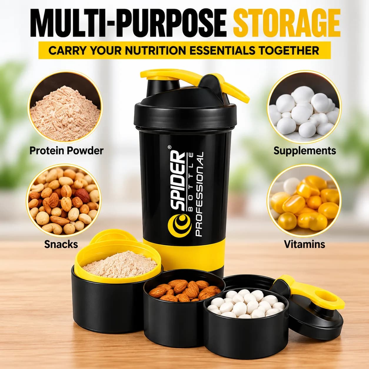 Black and Yellow Plastic 500 ml Protein Shaker Bottle with Mixing Ball and Storage Compartments thumbnail 6