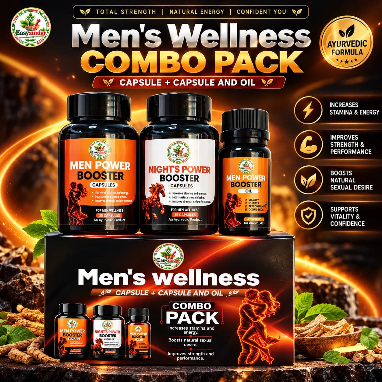 Men's Wellness Ayurvedic Capsule and Oil Combo Pack in Black Bottles