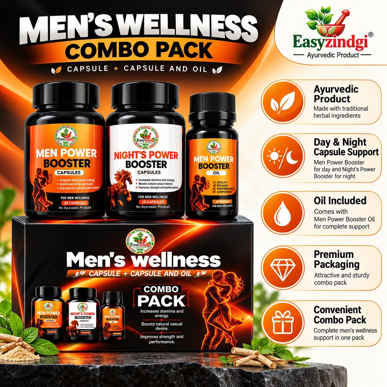 Men's Wellness Ayurvedic Capsule and Oil Combo Pack in Black Bottles thumbnail 2