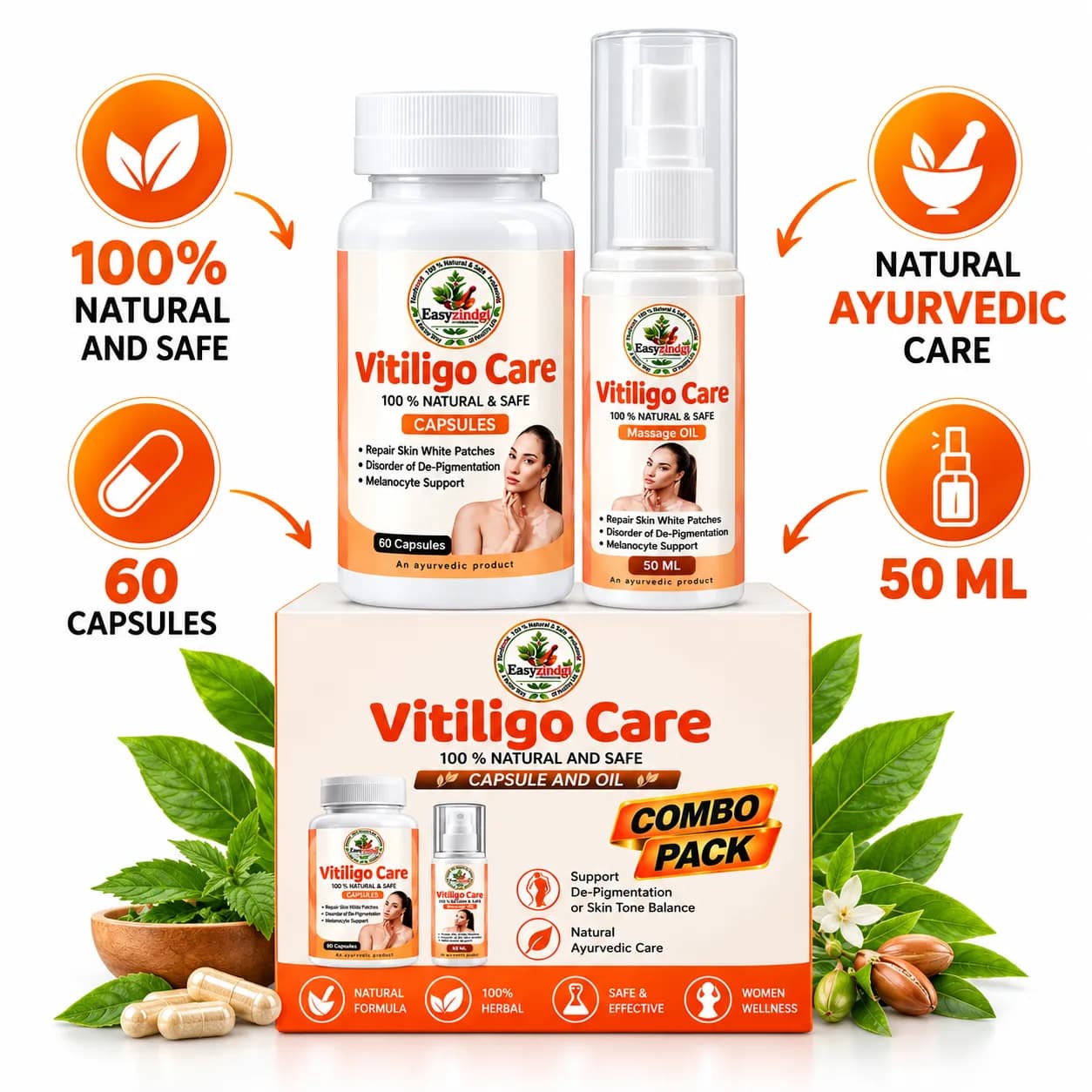 Vitiligo Care Capsules and Massage Oil Combo Pack with Pump Dispenser thumbnail 2