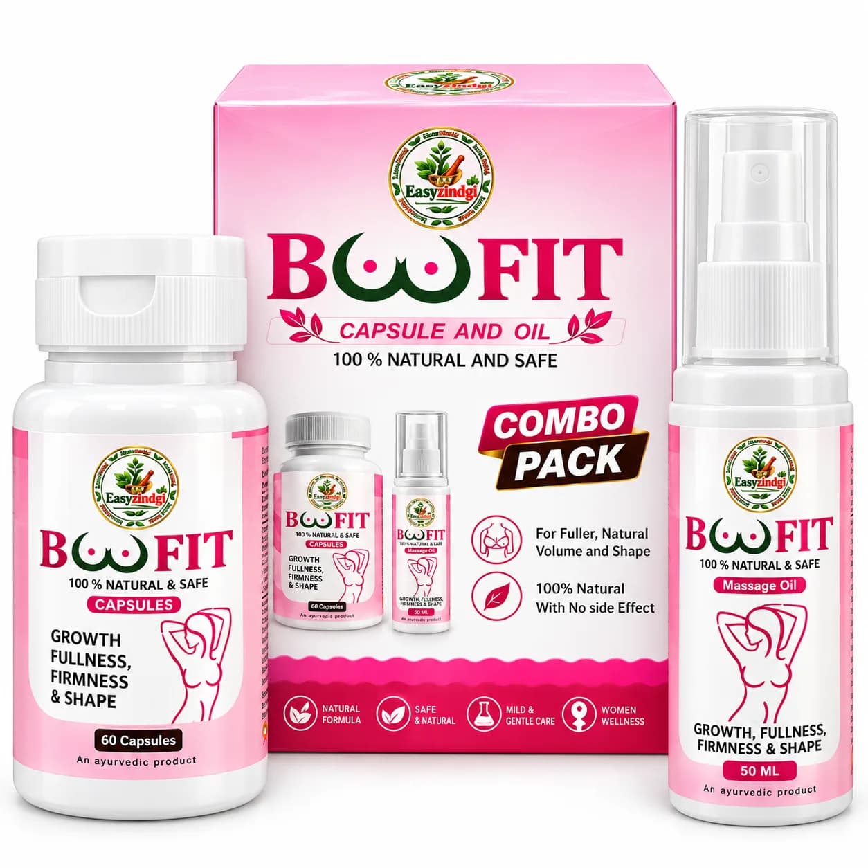 Pink Breast Massage Oil& Capsules Wellness Combo for Women