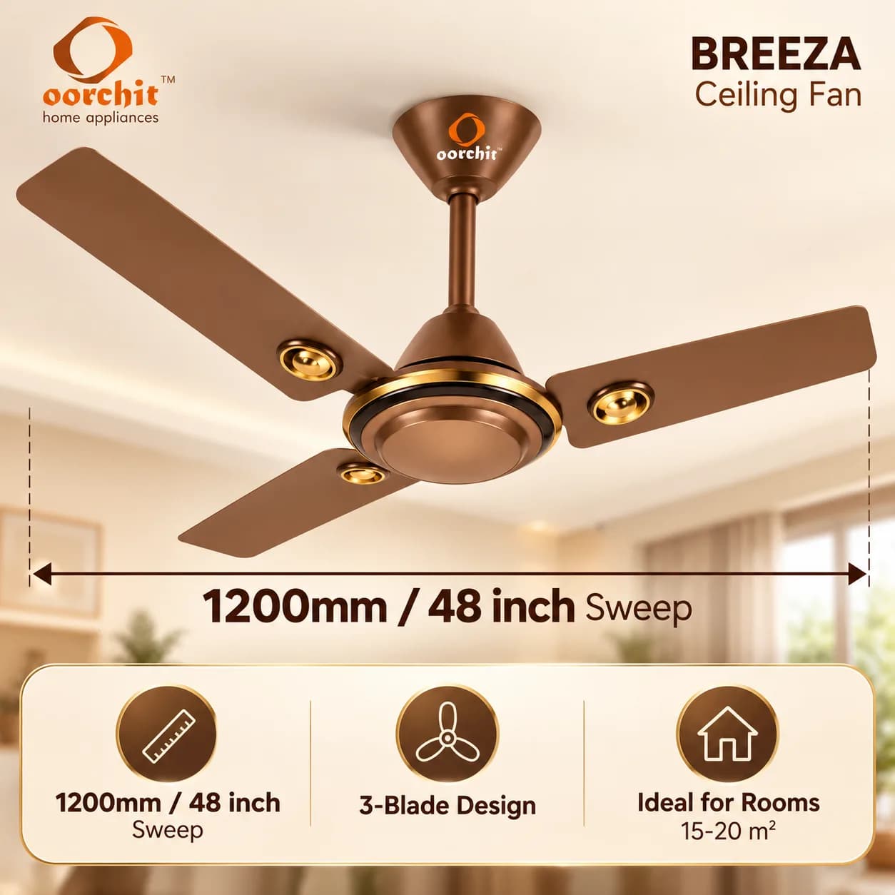 Brown 1200 mm Three-Blade Ceiling Fan with Gold-Tone Decorative Accents thumbnail 5