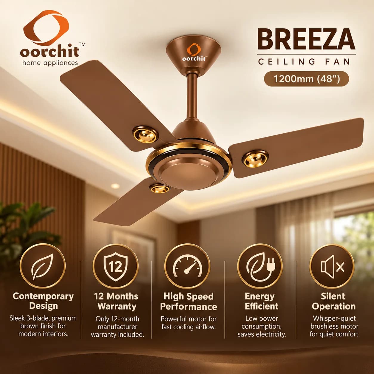 Brown 1200 mm Three-Blade Ceiling Fan with Gold-Tone Decorative Accents thumbnail 4