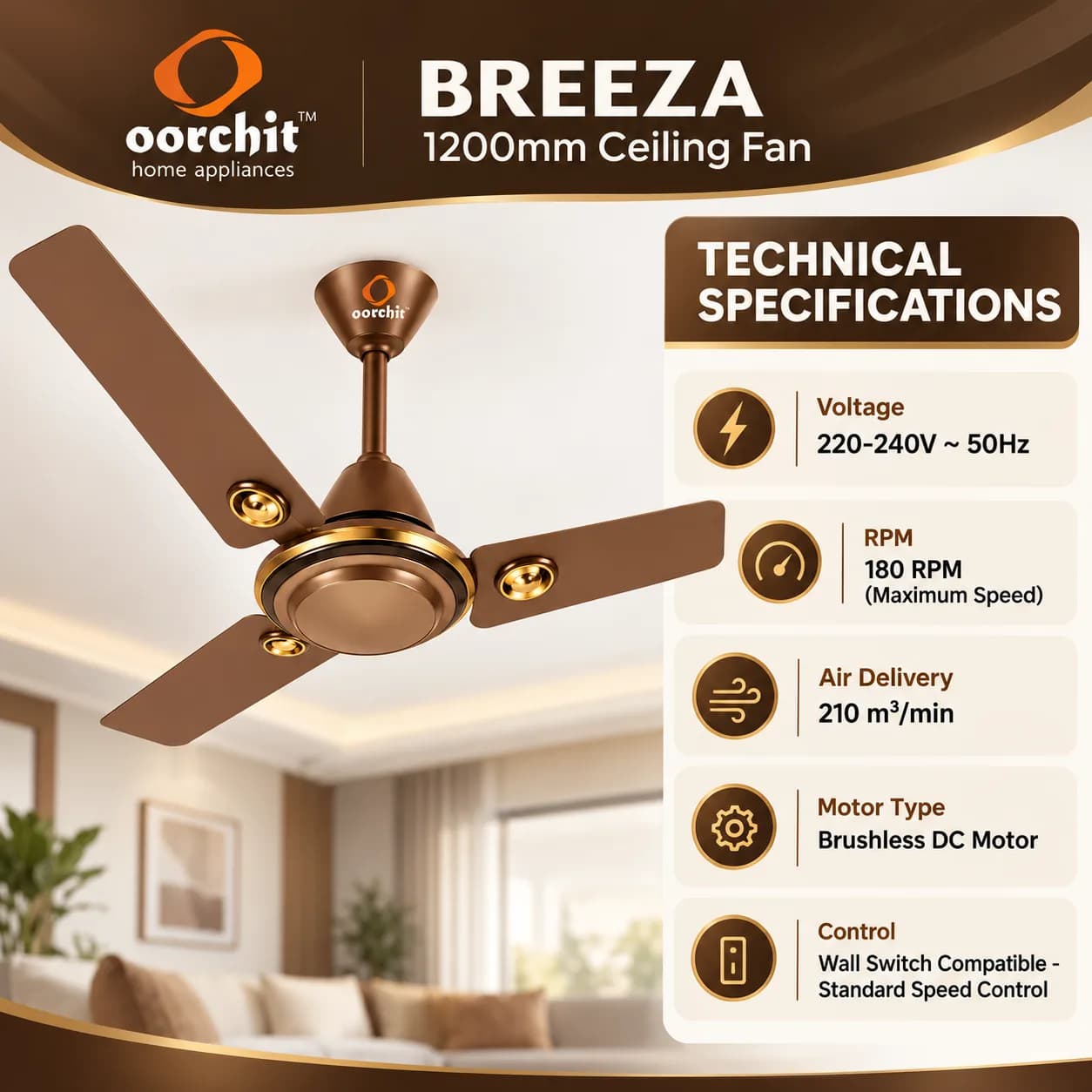 Brown 1200 mm Three-Blade Ceiling Fan with Gold-Tone Decorative Accents thumbnail 3
