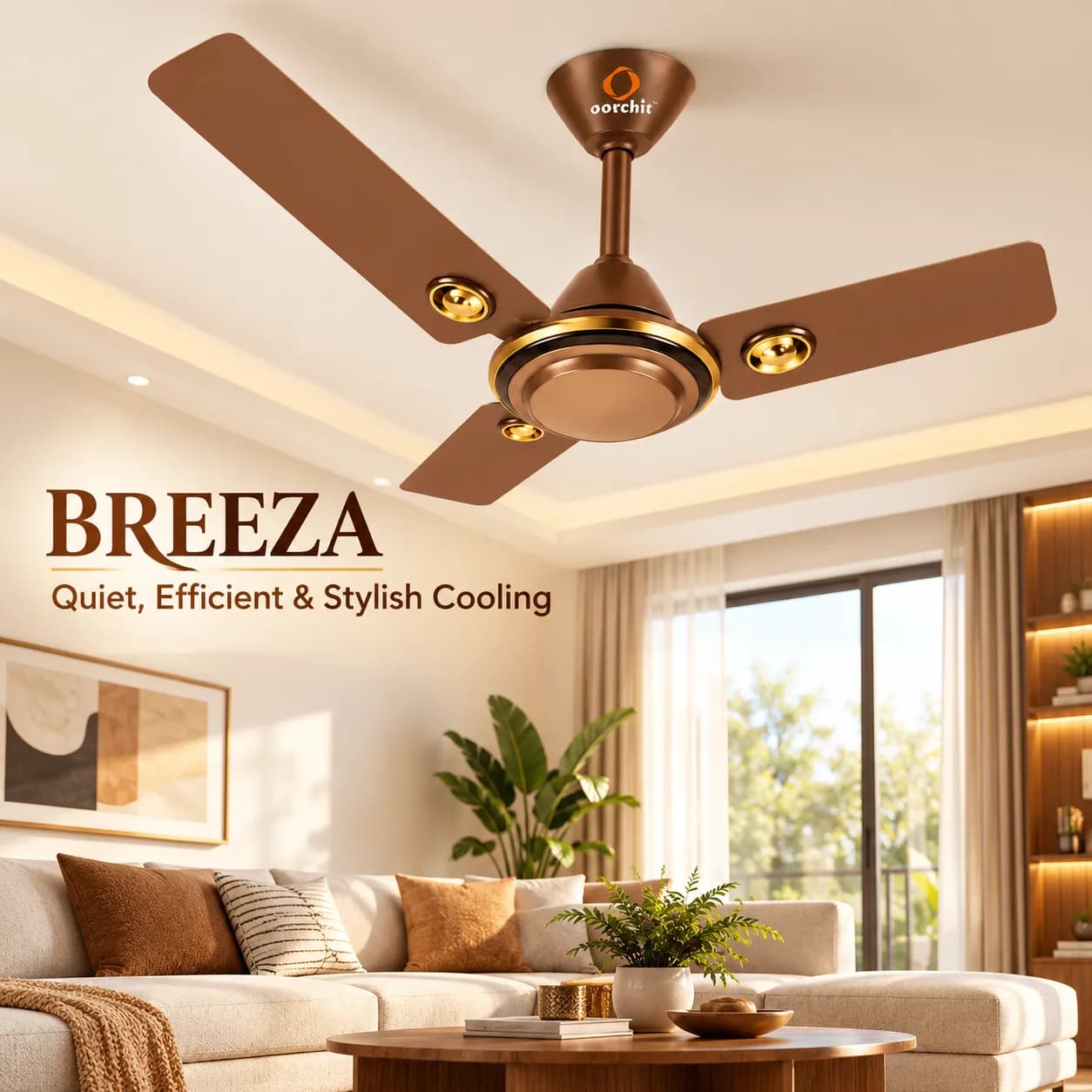 Brown 1200 mm Three-Blade Ceiling Fan with Gold-Tone Decorative Accents thumbnail 2