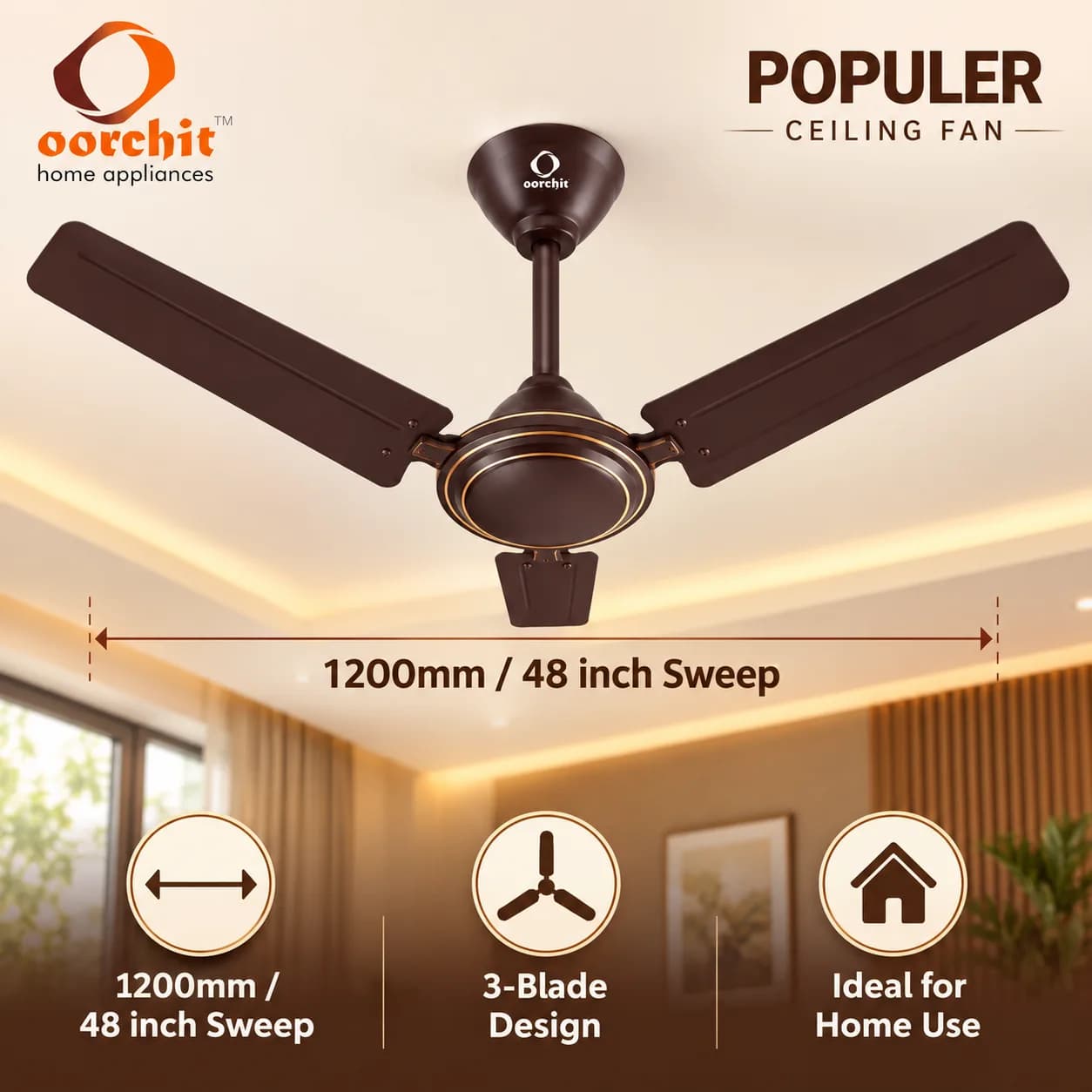 Dark Brown 1200 mm Three-Blade Ceiling Fan with Gold Ring Motor Housing thumbnail 5