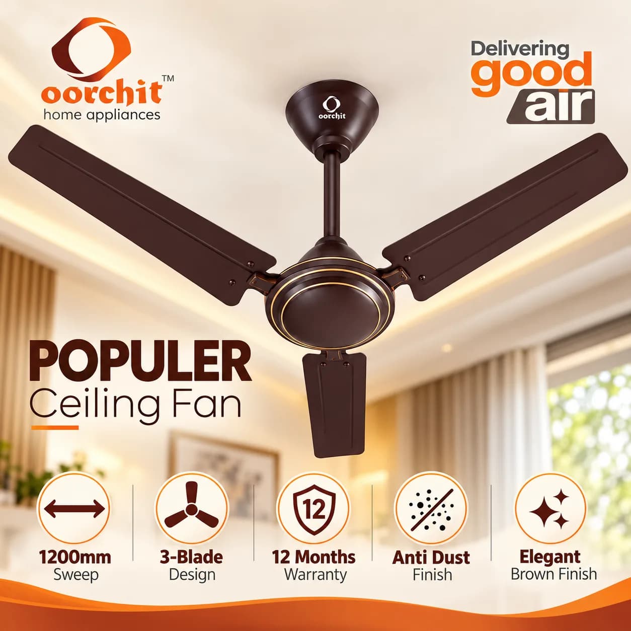 Dark Brown 1200 mm Three-Blade Ceiling Fan with Gold Ring Motor Housing thumbnail 4