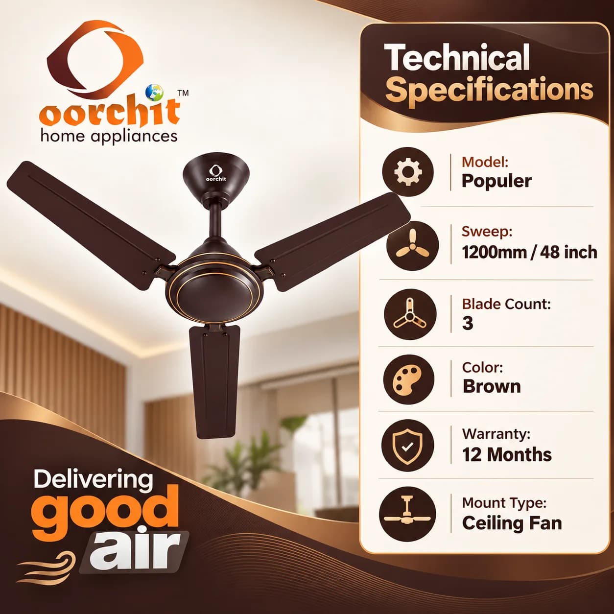 Dark Brown 1200 mm Three-Blade Ceiling Fan with Gold Ring Motor Housing thumbnail 3