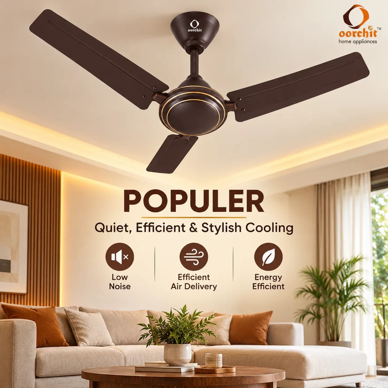 Dark Brown 1200 mm Three-Blade Ceiling Fan with Gold Ring Motor Housing thumbnail 2