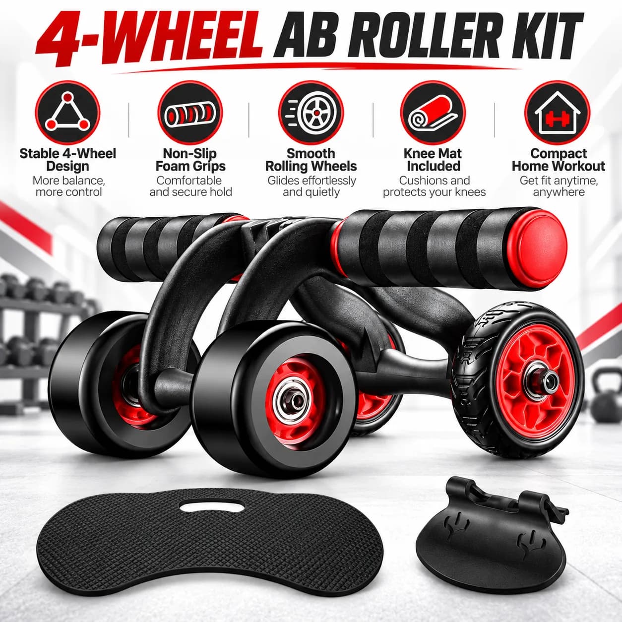 Black and Red Multi-Wheel Ab Roller with Curved Grip Handles and Textured Wheels thumbnail 4