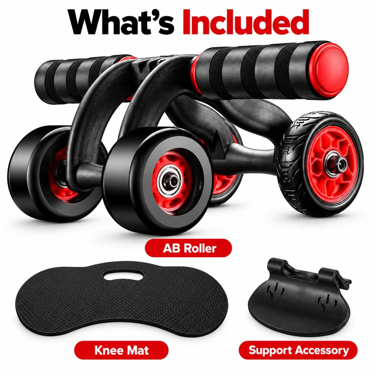 Black and Red Multi-Wheel Ab Roller with Curved Grip Handles and Textured Wheels thumbnail 3