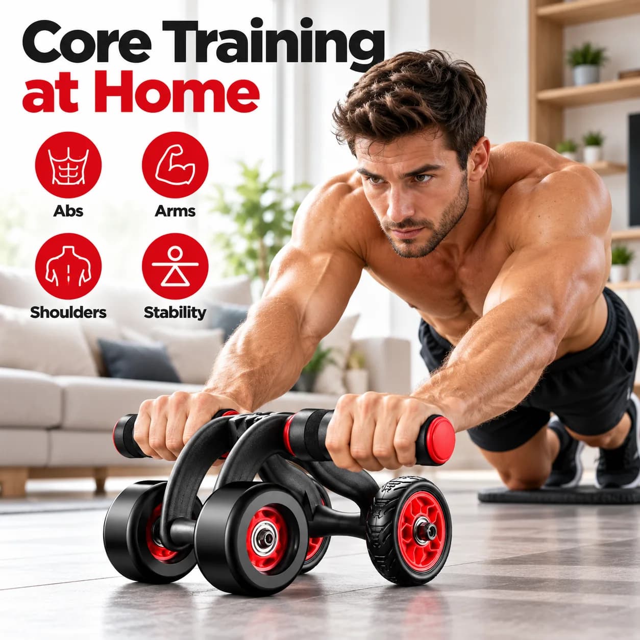Black and Red Multi-Wheel Ab Roller with Curved Grip Handles and Textured Wheels