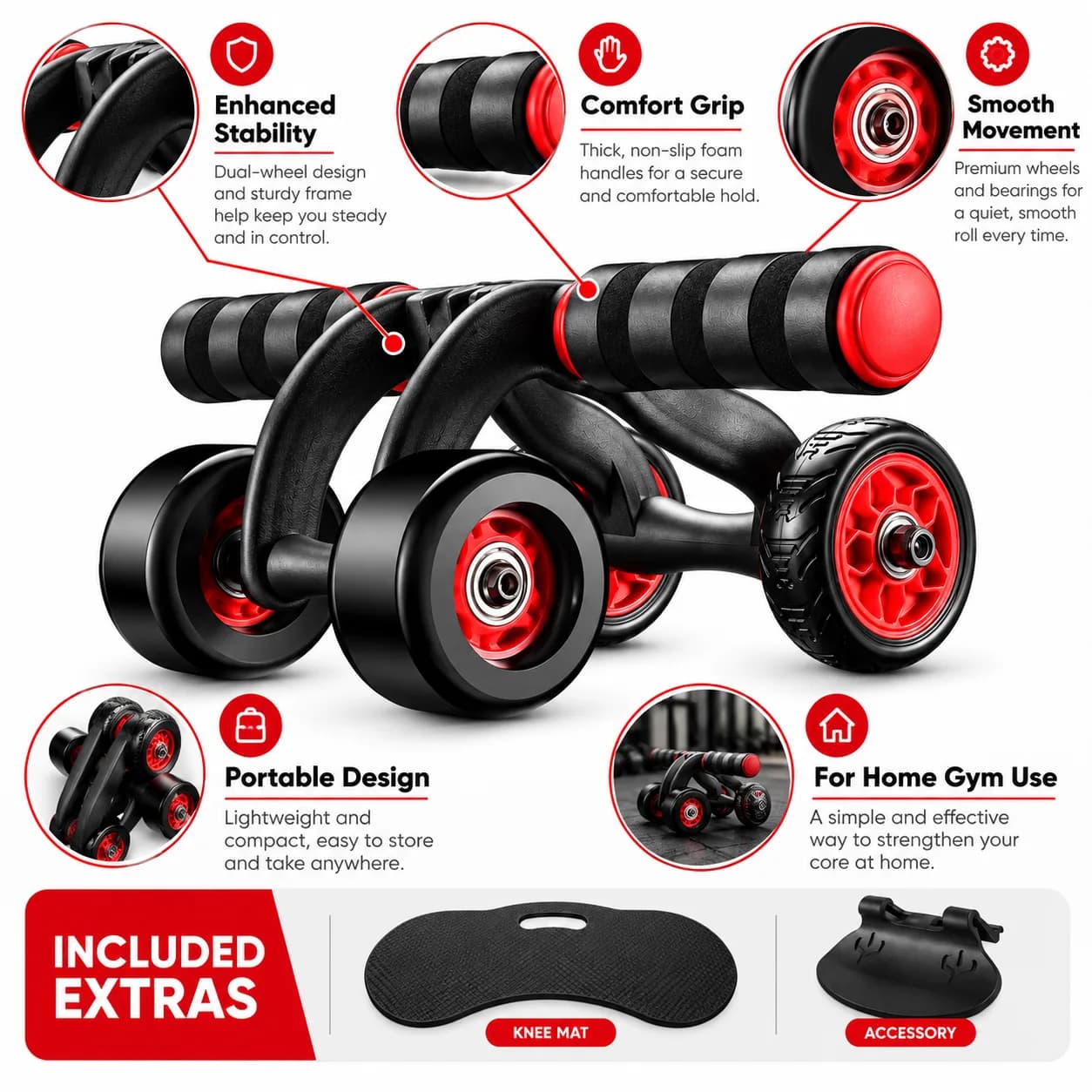 Black and Red Multi-Wheel Ab Roller with Curved Grip Handles and Textured Wheels thumbnail 2