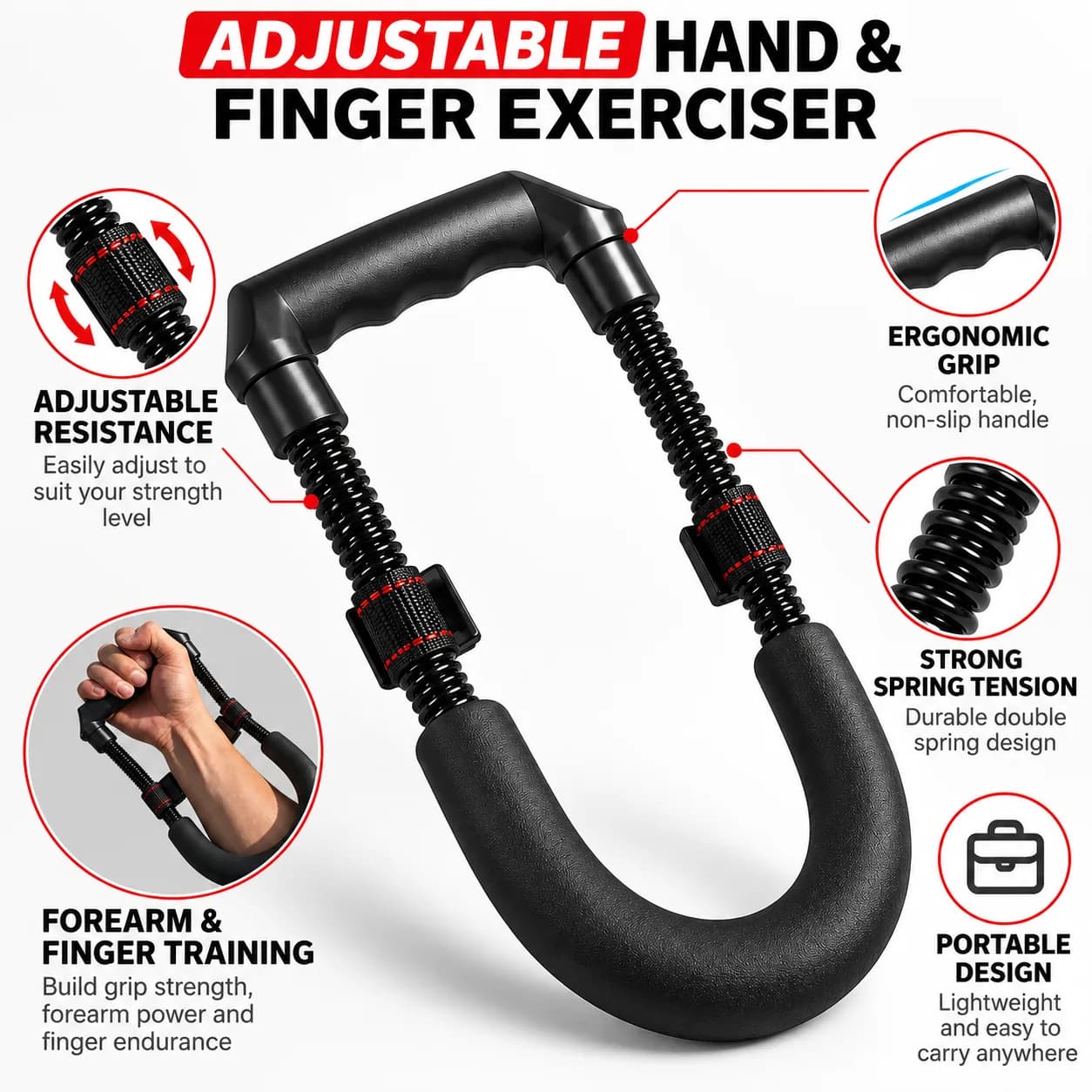Black Adjustable Hand and Finger Exerciser with Mechanical Repetition Counter thumbnail 5
