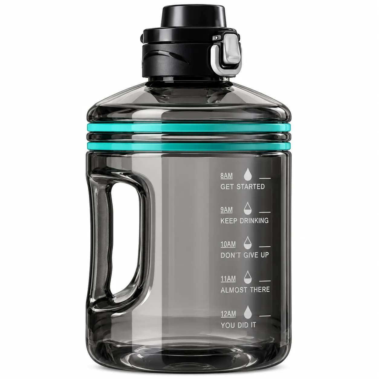 Smoke Grey 2200 ml Plastic Gym Water Bottle with Handle, Locking Flip Lid& Time Markers thumbnail 2