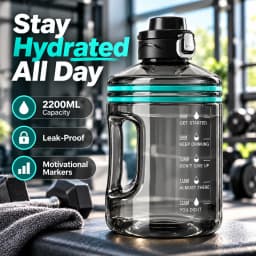 Smoke Grey 2200 ml Plastic Gym Water Bottle with Handle, Locking Flip Lid& Time Markers