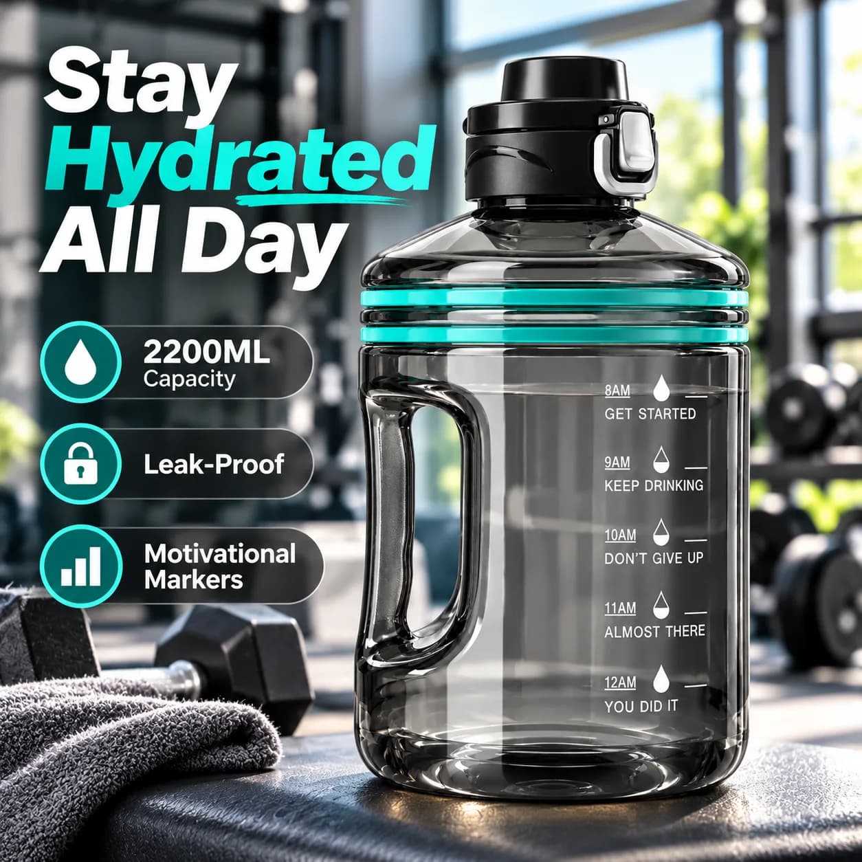 Smoke Grey 2200 ml Plastic Gym Water Bottle with Handle, Locking Flip Lid& Time Markers