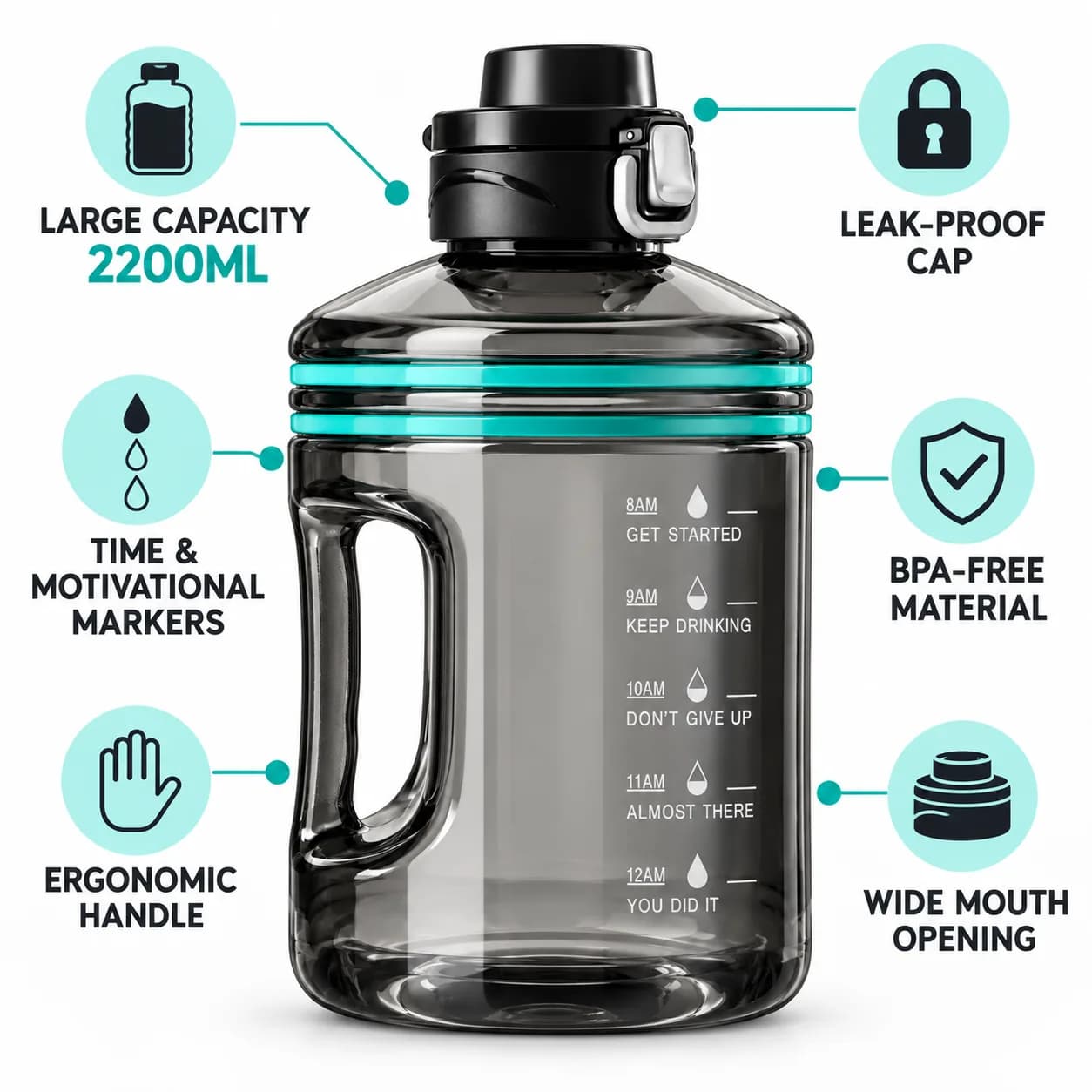 Smoke Grey 2200 ml Plastic Gym Water Bottle with Handle, Locking Flip Lid& Time Markers thumbnail 3