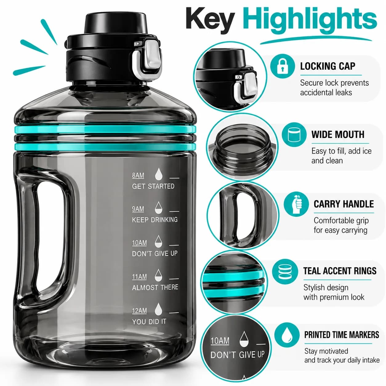 Smoke Grey 2200 ml Plastic Gym Water Bottle with Handle, Locking Flip Lid& Time Markers thumbnail 4
