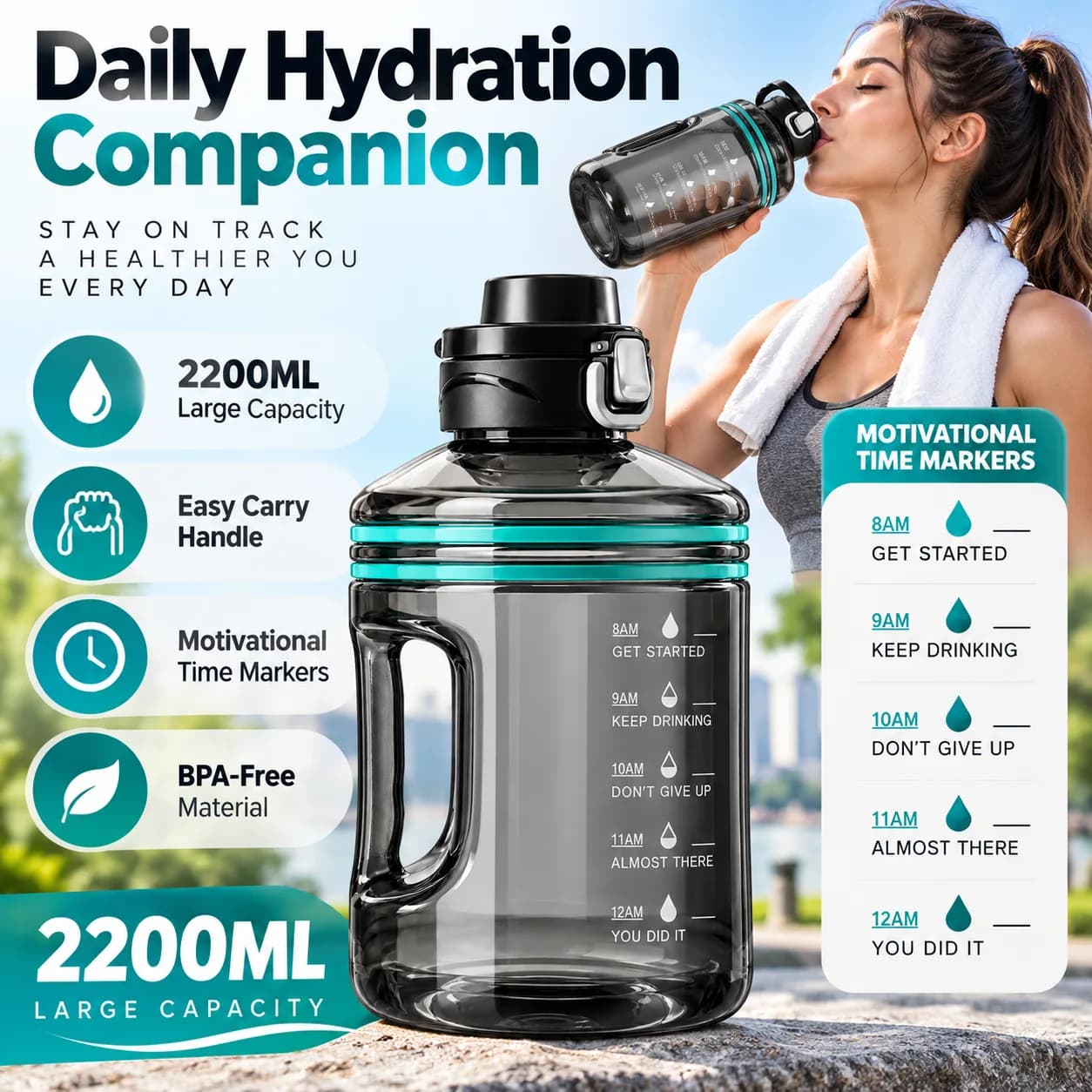 Smoke Grey 2200 ml Plastic Gym Water Bottle with Handle, Locking Flip Lid& Time Markers thumbnail 5