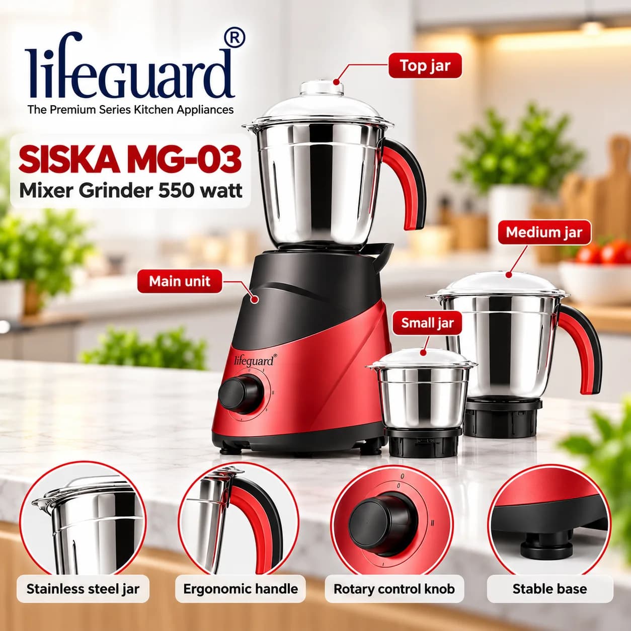 Mixer Grinder with Stainless Steel Jars and Rotary Speed Control thumbnail 2