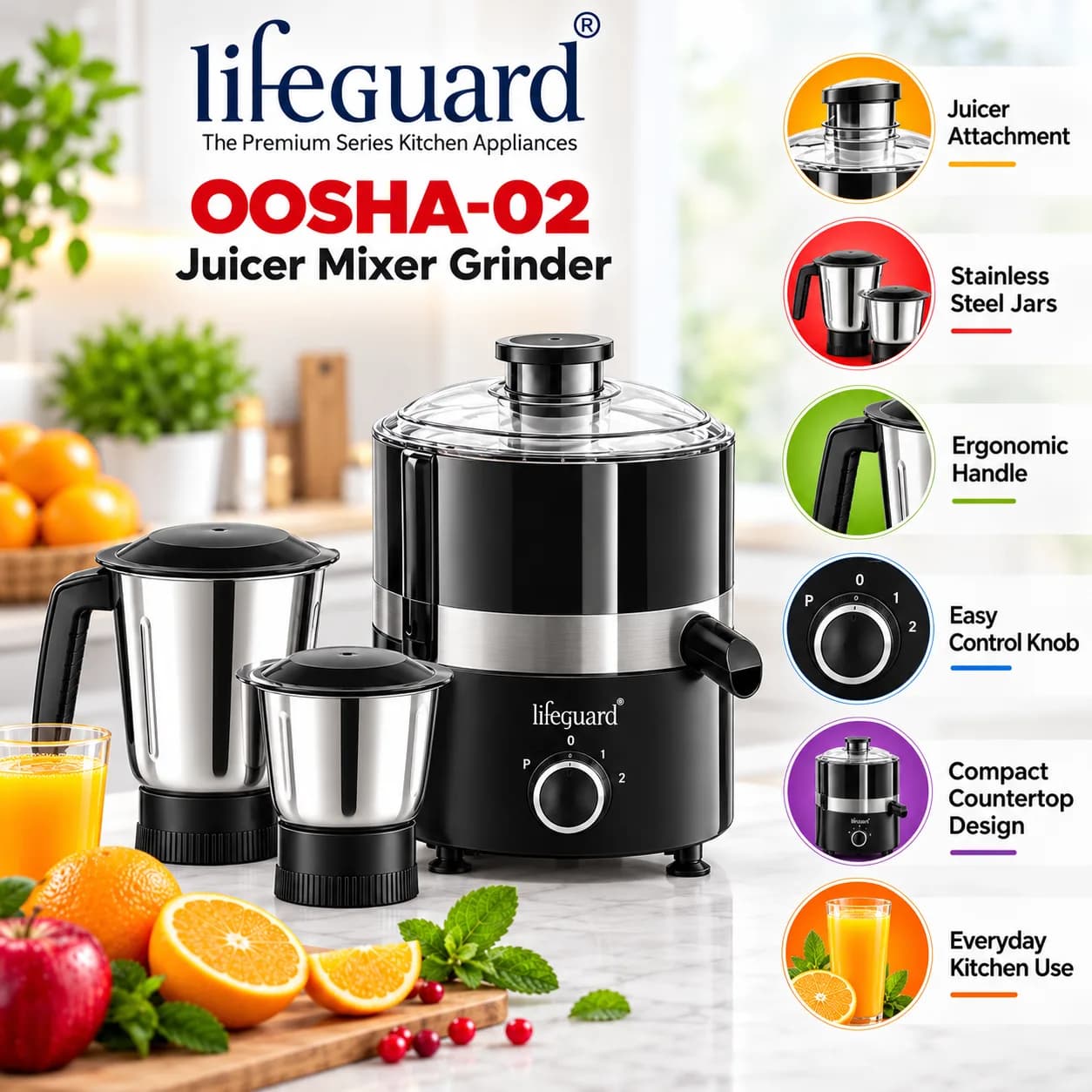 OOSHA-02 Juicer Mixer Grinder with Centrifugal Juicer and Rotary Speed Control thumbnail 3
