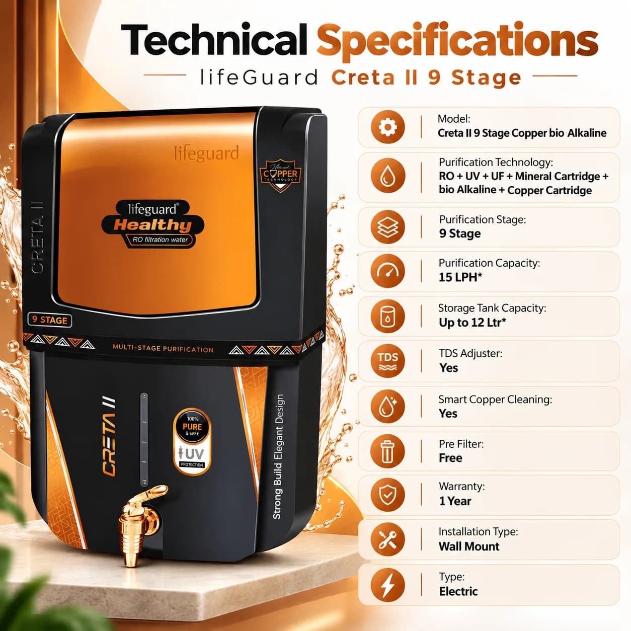 Black and Copper 15 L Creta II Multi-Stage Water Purifier thumbnail 6