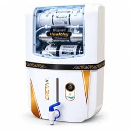 White Wall-Mounted RO Water Purifier with Transparent Filter Window and Blue Dispensing Tap