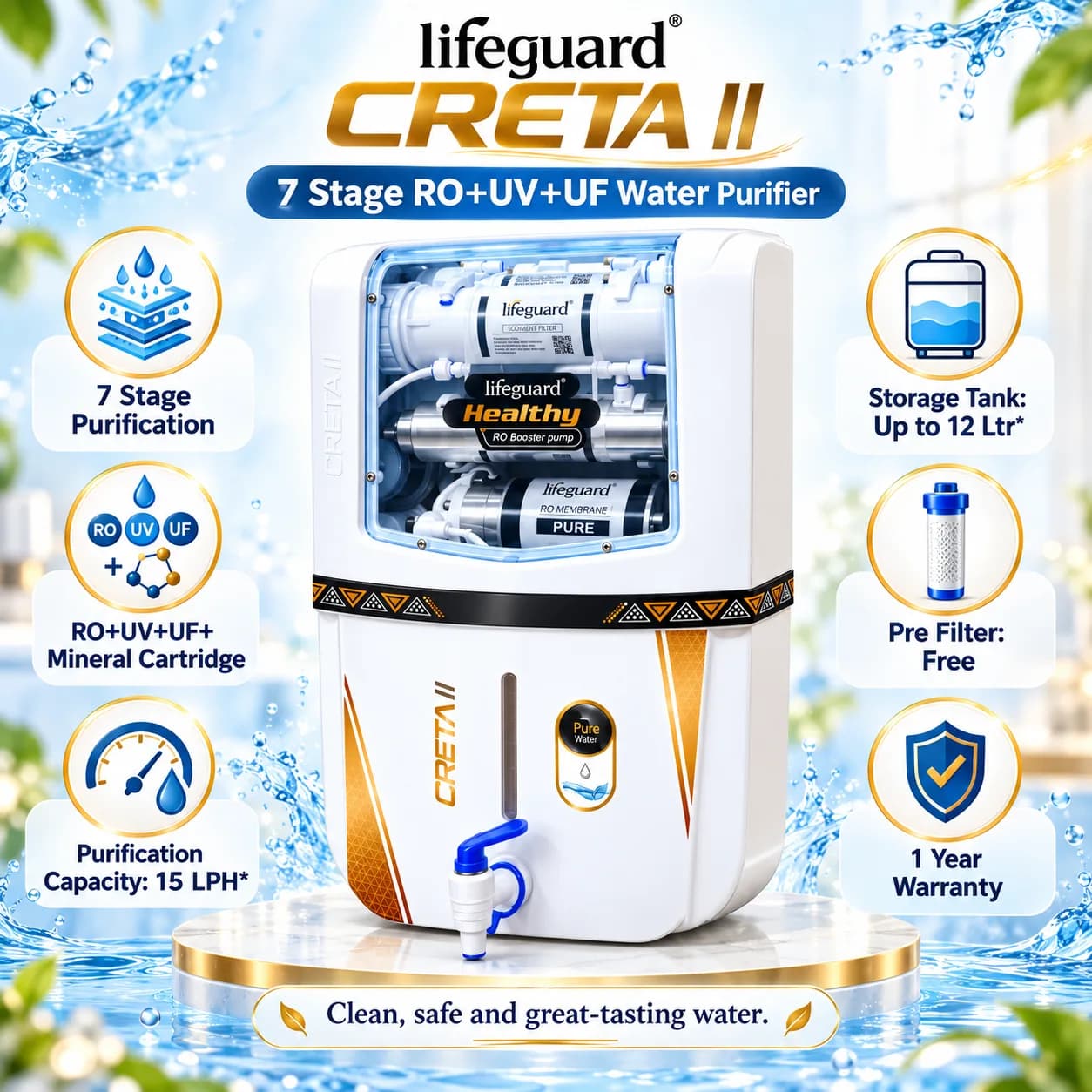 White Wall-Mounted RO Water Purifier with Transparent Filter Window and Blue Dispensing Tap thumbnail 3