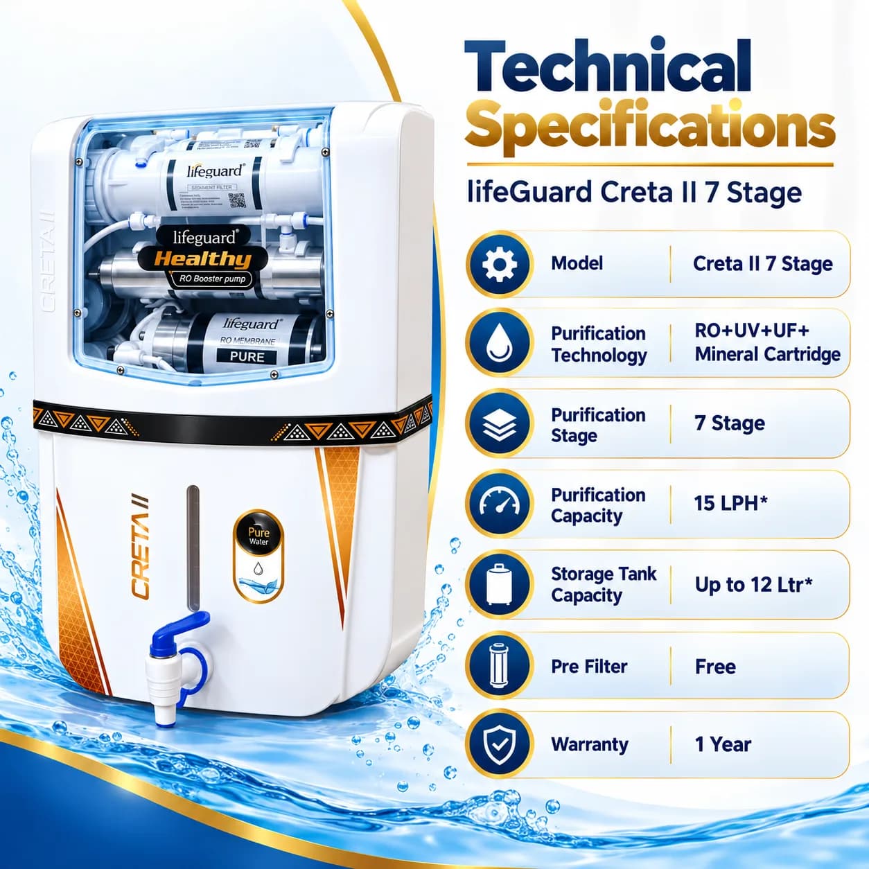 White Wall-Mounted RO Water Purifier with Transparent Filter Window and Blue Dispensing Tap thumbnail 4