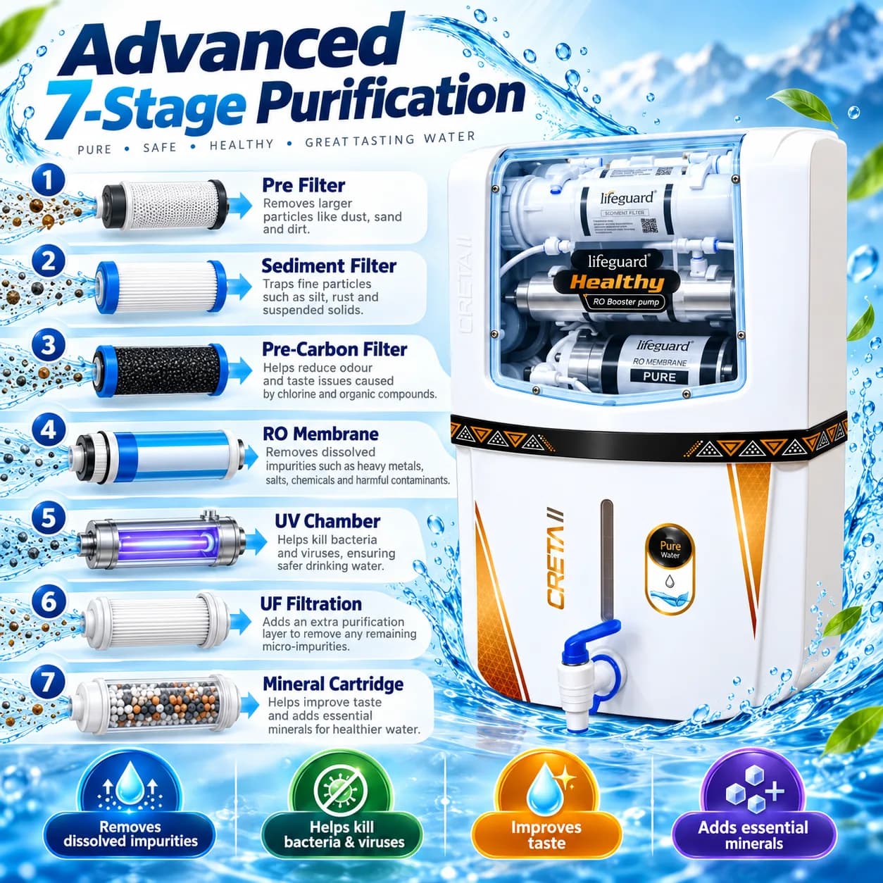White Wall-Mounted RO Water Purifier with Transparent Filter Window and Blue Dispensing Tap thumbnail 5